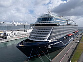  Aerial view of the cruise ship Mein Schiff Relax (TUI Cruises) at the pier of the Palermo Cruise Terminal with the cruise ship Costa Toscana (Costa Crociere) next to it, Palermo, Sicily, Italy, Europe 