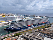  Aerial view of the cruise ship Mein Schiff Relax (TUI Cruises) at the pier of the Palermo Cruise Terminal with the cruise ship Costa Toscana (Costa Crociere) next to it, Palermo, Sicily, Italy, Europe 