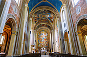  Interior of the Catholic Parish and University Church of St. Ludwig (Ludwigskirche) with altar fresco &quot;The Last Judgment&quot; by Peter Cornelius in Munich, Bavaria, Germany 