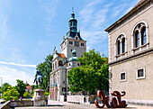  Bavarian National Museum, equestrian monument of Elector Max Emanuel of Bavaria and artwork &quot;Love/Hate&quot; by Mia Florentine Weiss in Munich, Bavaria, Germany 