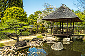 Wooden alcove in the Koko-En Garden; Japanese style garden next to the Himeji castle in Japan.
