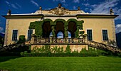  Villa Balbianello, palace with open staircase, arcades and coat of arms, Lenno, Lake Como, Lombardy, Italy 