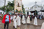 Religious procession during the parish fair dedicated to Sao Izidoro in the village of Ribeira Afonso on the East coast of Sao Tome Island, Republic of Sao Tome and Principe,Africa