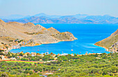  Pedi Beach, erhöhte Ansicht, Chorio, Insel Symi, Dodekanes, Griechenland 