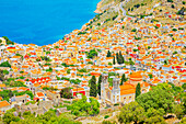  Chorio (Oberstadt), erhöhte Ansicht, Chorio, Insel Symi, Dodekanes, Griechenland 