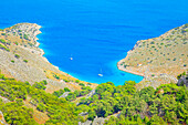  Marathounta Strand, erhöhte Ansicht, Panormitis, Insel Symi, Dodekanes, Griechenland 