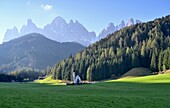  in the Villnößtal valley at the church of St. Johann, view of the Geisler Group, Dolomites, South Tyrol, Italy 