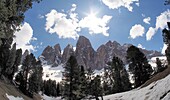  Hiking in the Villnößtal valley below the Geisler Group (on the A.Munkel trail), Dolomites, South Tyrol, Italy 