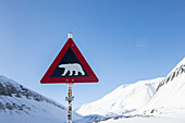  Polar bear warning sign, Ursus maritimus, winter, Svalbard, Norway 