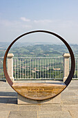  Iron circle and bench in La Morra with reference to the Barolo wine region, Piedmont, Italy 