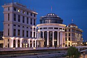 North Macedonia, Skopje, government buildings along the Vardar river, 