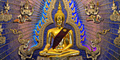  Golden Buddha statue with tunic, Bhumispara-mudra, Buddha Gautama at the moment of enlightenment, art gallery with modern art trends such as minimalism and abstraction, Wat Pariwat, Yan Nawa district, Bangkok, Thailand, Asia 