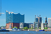  Port anniversary parade with many ships on the Elbe in front of the Elbphilharmonie concert hall, Hafencity, Hamburg, Germany 