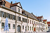  Historic Huguenot houses at Martin-Luther-Platz in Erlangen, Middle Franconia, Franconia, Bavaria, Germany 