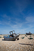 Old boat, Dungeness, headland with shingle beach in the Romney Marsh area, Kent, England, Great Britain