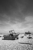 Old boat, Dungeness, headland with shingle beach in the Romney Marsh area, Kent, England, Great Britain