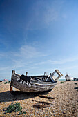Old boat, Dungeness, headland with shingle beach in the Romney Marsh area, Kent, England, Great Britain