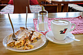  Apple strudel and cappuccino at the Mariandlalm, Trainsjoch, Bavarian Alps, Tyrol, Austria 