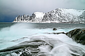  Wild sea surf with Okshorn in the background, Tungeneset, Senja, Troms, Norway 