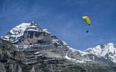 Gleitschirmflieger über dem Jungfraujoch und dem Gipfel der Jungfrau, Mürren, Lauterbrunnen, Berner Oberland, Kanton Bern, Schweiz