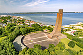  Laboe with the Naval Memorial, beach, and dune landscape on the Kiel Fjord seen from above, Laboe, Schleswig-Holstein, Germany 