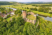 Ruins of Polle Castle on the Weser River, seen from above, Bodenwerder-Polle municipality, Lower Saxony, Germany 
