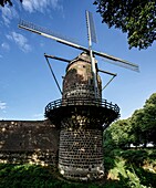  Medieval town of Zons in the evening light, city wall and windmill, Zons, Dormagen, Lower Rhine, North Rhine-Westphalia, Germany 