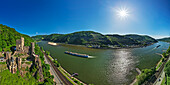  Panorama with Rheinstein Castle and the Rhine, Rheinsteig Trail, Rhenish Slate Mountains, UNESCO World Heritage Upper Middle Rhine Valley, Hesse, Germany 