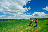 Mann und Frau wandern am Rheinsteig, bei Kaub, Rheinsteig, Rheinisches Schiefergebirge, UNESO Weltkulturerbe Oberes Mittelrheintal, Rheinland-Pfalz, Deutschland