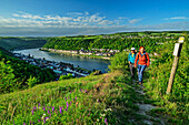 Mann und Frau wandern am Rheinsteig, Rhein im Hintergrund, Rabenack, Rheinsteig, Rheinisches Schiefergebirge, UNESO Weltkulturerbe Oberes Mittelrheintal, Rheinland-Pfalz, Deutschland