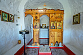 Altar and images in a chapel, Kochylas Peak, Skyros, Aegean Sea, Sporades, Central Greece, Greece 