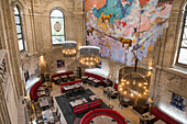 Restaurant room "Les petits plats du Bourbon" located in the choir of the former Abbey of Saint Ambroix (17th century) in the Hotel du Bourbon Mercure,Bourges, Cher department, Province of Berry, Centre-Val de Loire region, France