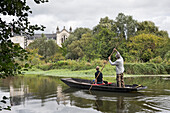Visit with a flat-bottomed boat "flat" , with Michel Melin, president of the association "Patrimoine marais", Marshes of the Yèvre and Voiselle, Bourges, Cher department, Province of Berry, Centre-Val de Loire region, France