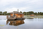 Floating cabin of Clos de la Loutre (Otter's cottage), Etang de Bornacq, Loye-sur-Arnon, Cher department, Historic Province of Berry, Centre-Valde Loire region,