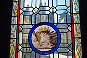 Stained glass medallion depicting a porcupine, emblem of Louis XII King of France,  Chateau de Blois, Loir-et-Cher department, Centre-Val de Loire region, France, Europe