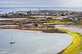 Overview of the Ile de Sein from the top of the lighthouse,off the coast of Pointe du Raz,Finistere department,Brittany region,west of France,western Europe