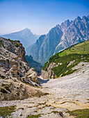 Beeindruckende Bergwelt an der Westseite der Drei Zinnen, Drei Zinnen, Auronzo di Cadore, Belluno, Venetien, Toblach, Bozen, Trentino, Südtirol, Italien, Sextner Dolomiten, Alpen, Dolomiten, Südeuropa, Europa