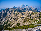 Imposante Berglandschaft südlich der 3 Zinnen, Drei Zinnen, Auronzo di Cadore, Belluno, Venetien, Toblach, Bozen, Trentino, Südtirol, Italien, Sextner Dolomiten, Alpen, Dolomiten, Südeuropa, Europa  