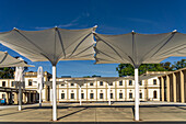  Umbrellas at the Luitpoldbad in the Bad Kissingen spa, Lower Franconia, Bavaria, Germany 