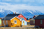  Wooden houses in the village, Ny Alesund, Spitsbergen, Svalbard, Norway 