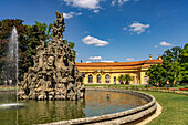  The Huguenot Fountain in the castle garden and the Orangery in Erlangen, Middle Franconia, Bavaria, Germany  