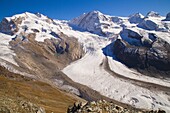 Alps, Switzerland, Valais, Zermatt, Gornergrat, Monte Rosa, Liskamm, Castor, Pollux, peaks, Grenzgletscher glacier, 