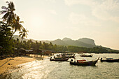  Fisherman&#39;s huts and coconut palms, sunset, Pearl Beach, Koh Mook, Krabi Province, Trang, Southern Thailand, Andaman Sea, Thailand 