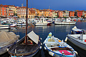Croatia, Istria, Rovinj, harbor, boats, skyline, general view, 