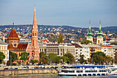 Hungary; Budapest; Buda skyline, Danube river, boat, 