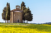 Die Kapelle Madonna di Vitaleta bei Pienza, Val d'Orcia, Toskana, Italien