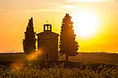  The Chapel of Madonna di Vitaleta near Pienza in the evening light, Val d&#39;Orcia, Tuscany, Italy 