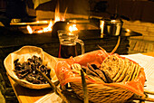 Bread and dried meat,Jaakkola Reindeer farm, around Luosto,Lapland,Finland, Northern Europe