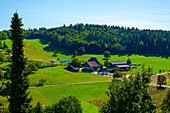 Panoramic View over Agriculture Farm and Landscape From Medieval Old Town in a Sunny Summer Day with Blue Sky in Regensberg, Zurich Canton, Switzerland.