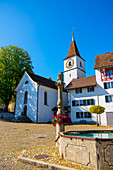 City Square with Church San Giovanni and Water Fountain and a Tree in a Medieval Old Town in a Sunny Summer Day with Blue Sky in Regensberg, Zurich Canton, Switzerland.